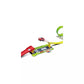A small red battery-powered car launches off a ramp on a colorful plastic racetrack with green, yellow, and red elements, just like the Maisto My 1st Soft Touch Loop Set.