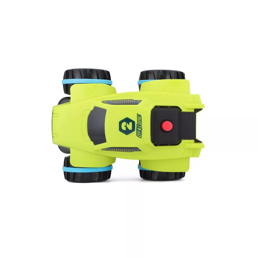 A top-down view shows the Maisto R/C Cyklone Aqua Tread toy car in lime green and black, featuring large wheels, blue accents, and a prominent red button on top against a white background. This amphibious vehicle is designed for adventurous play on both land and water.