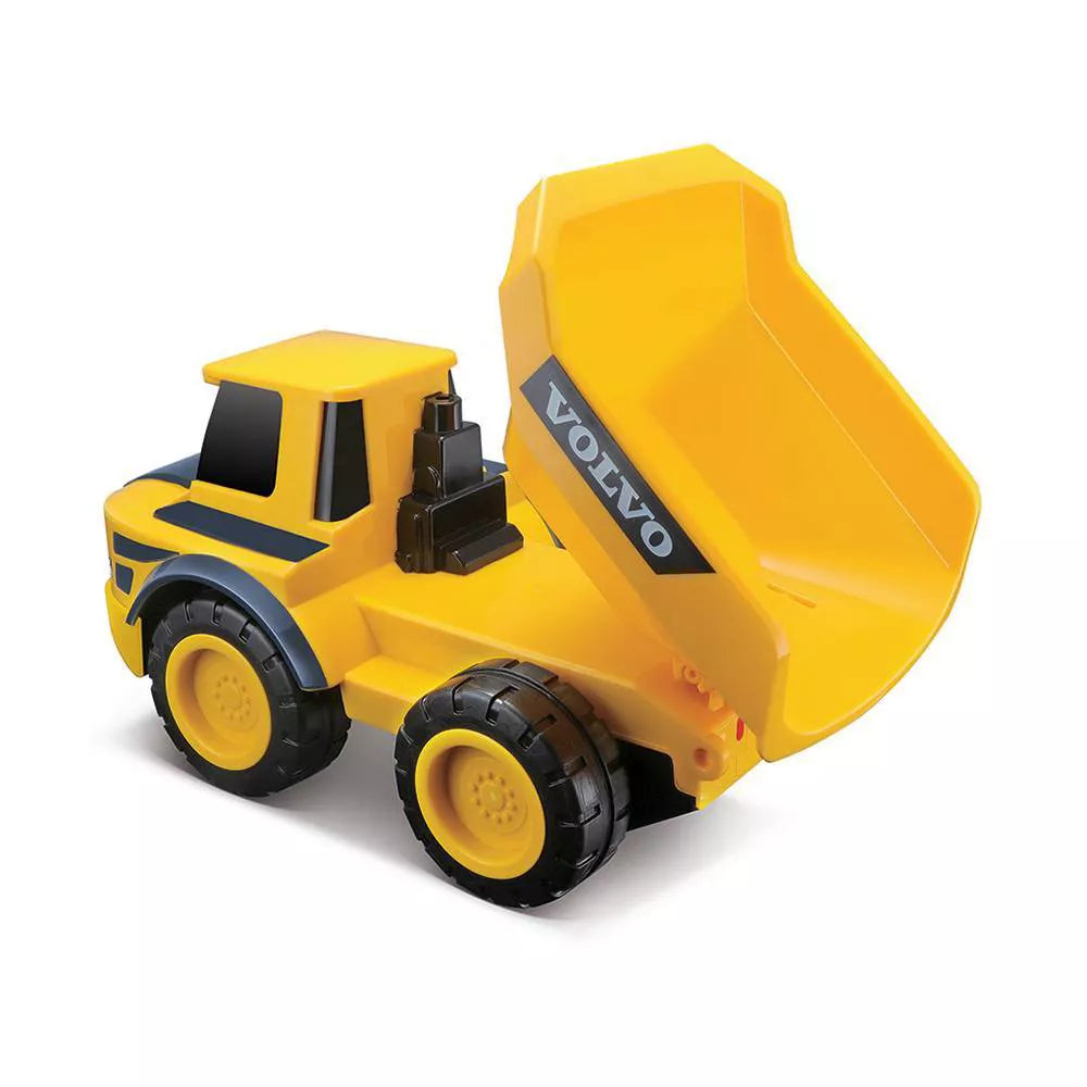 Maisto My First RC Volvo Dump Truck—featuring a yellow body, black wheels, and the word “VOLVO” printed on the raised dump bed—is shown on a white background, making it perfect for imaginative play or pairing with other items from the Volvo My First RC series.