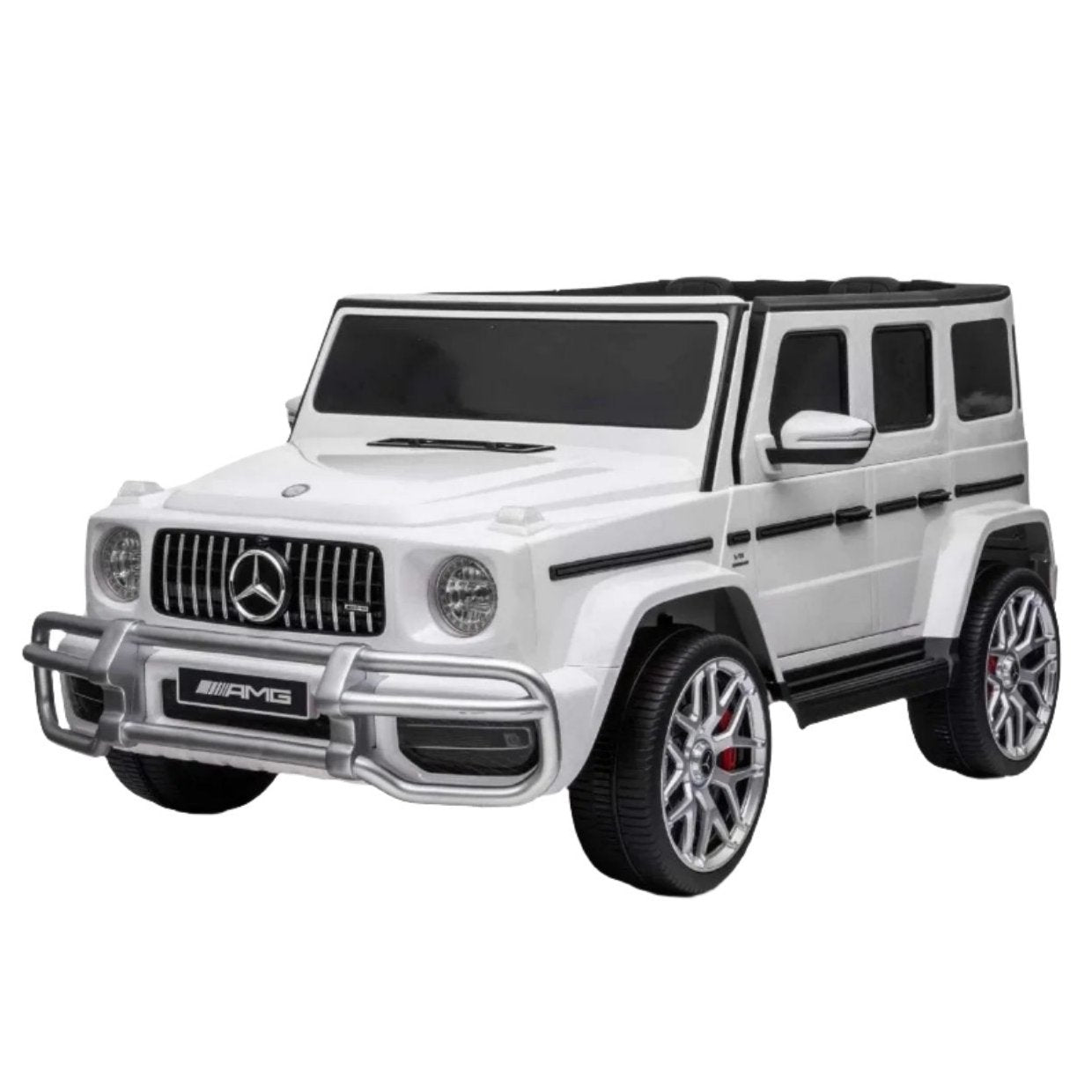 A white Freddo Mercedes G63 AMG 24V 2 Seater Ride On car features black-tinted windows, detailed silver and black rims, and dazzling LED lights.