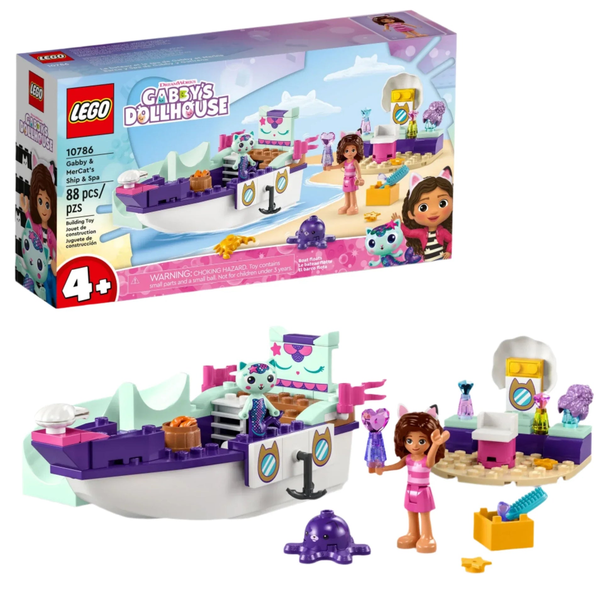 LEGO® Gabby & MerCat's Ship & Spa set 10786, also known as MerCat’s Ship, showcases a charming ship and spa theme. It includes minifigures, accessories, and comes in boxed packaging. This engaging building toy set from Legos - Toyhouse is perfect for ages 4 and up.