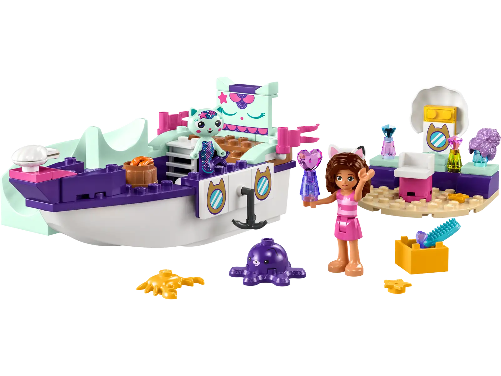 The LEGO® Gabby & MerCat's Ship & Spa building toy set from Legos - Toyhouse features a colorful toy boat, a small pink-clad figure, an octopus, starfish, and various accessories including a treasure chest filled with jewels.