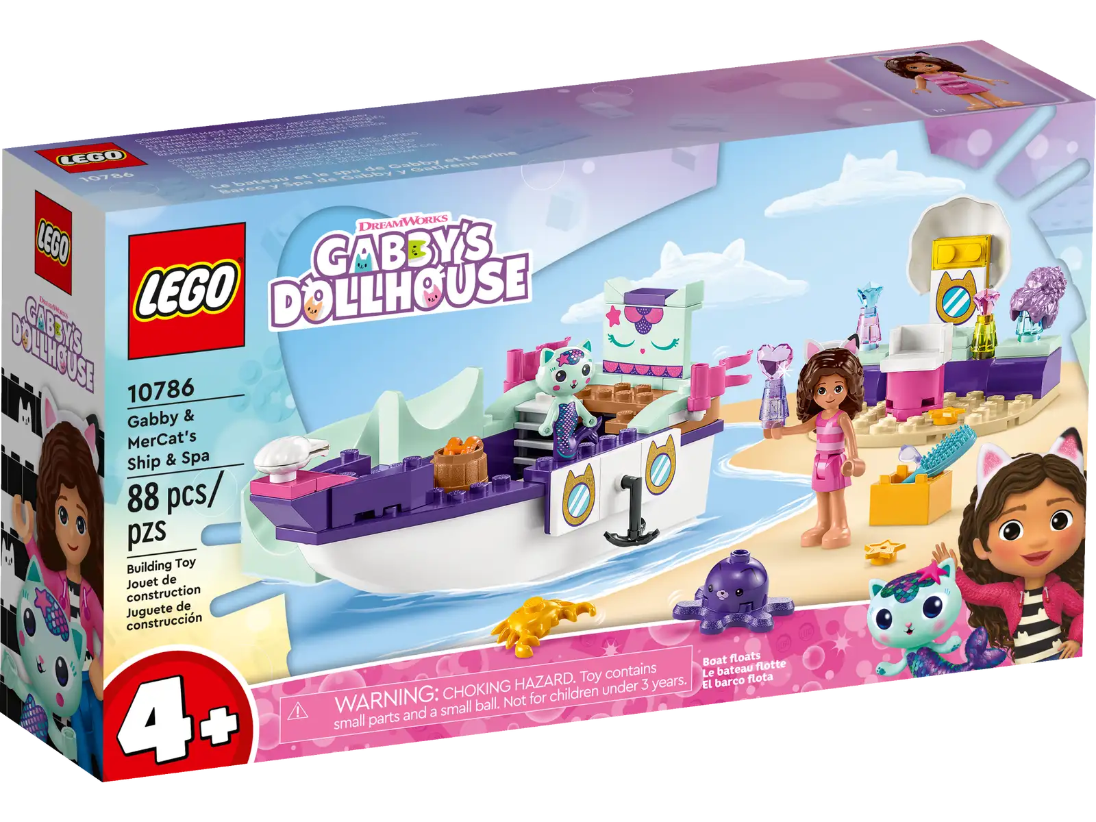 The LEGO® Gabby & MerCat's Ship & Spa set 10786 from the Legos - Toyhouse Gabby's Dollhouse series includes buildable figures and accessories, featuring MerCat’s Ship and spa. It is designed for children ages 4 and up, but contains small parts that pose a choking hazard for children under 3.