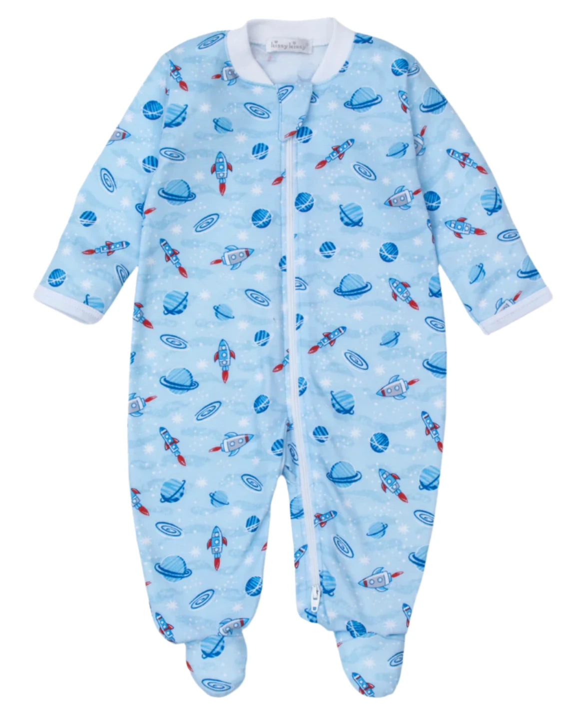 The charming Kissy Kissy Galaxy Printed Footie, made from soft Pima cotton, boasts an adorable space-themed design with rockets, planets, and stars. Its zippered front closure allows for easy changing.