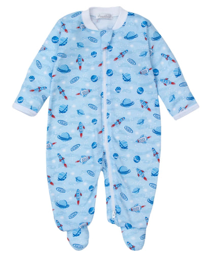 The Kissy Kissy Baby Boys' Galaxy Footie is a blue infant sleepsuit made of soft Pima cotton with a zipper front, featuring rockets, planets, and UFOs for cozy baby comfort.