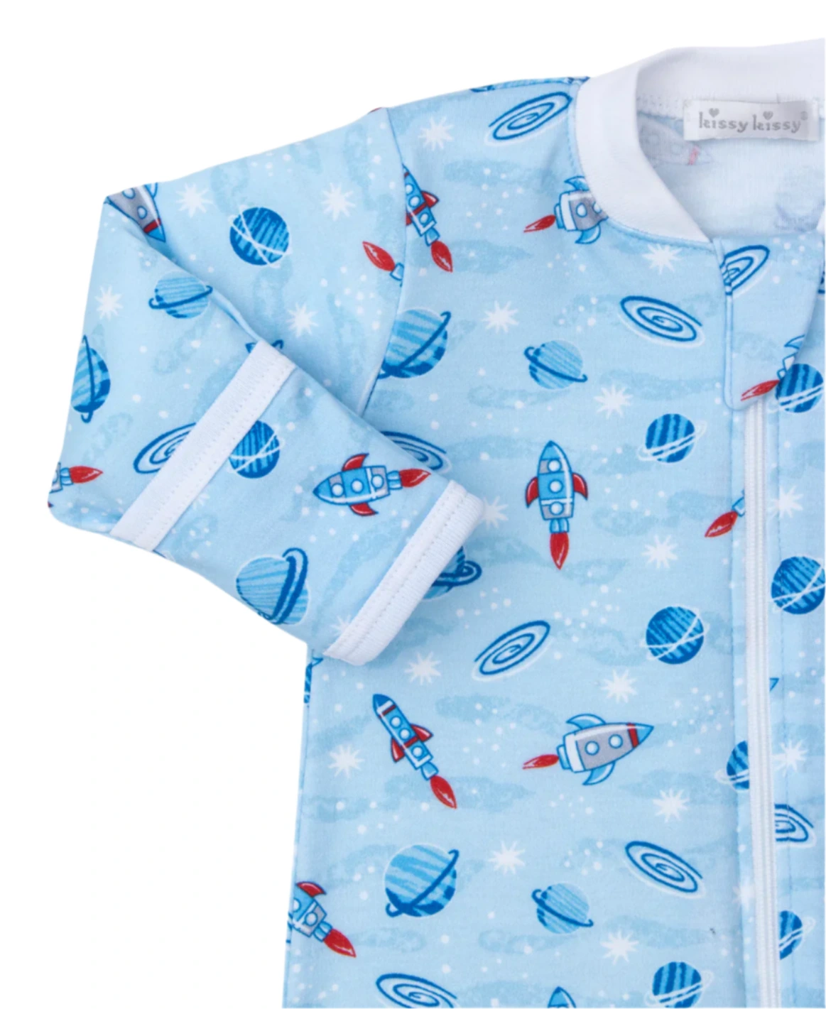 Close-up of a light blue Kissy Kissy Galaxy Printed Footie, crafted from soft Pima cotton, showcasing a space-themed design with rockets, planets, and stars.