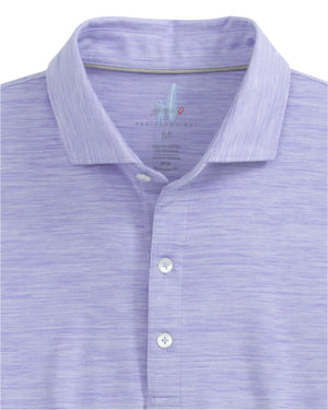 The Johnnie-O Huronn Featherweight Polo, a light purple, short-sleeve performance polo from Johnnie-O, features a collar and three buttons and is displayed on a white background.