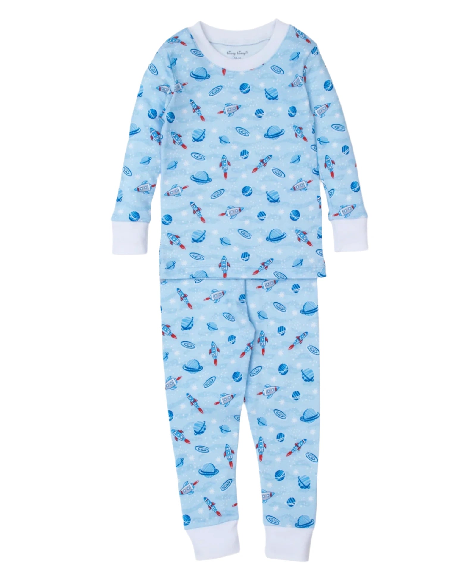 The Kissy Kissy Galaxy Printed PJ Set, by the brand Kissy Kissy, is a two-piece children's pajama set in light blue with space-themed designs like rockets and planets.