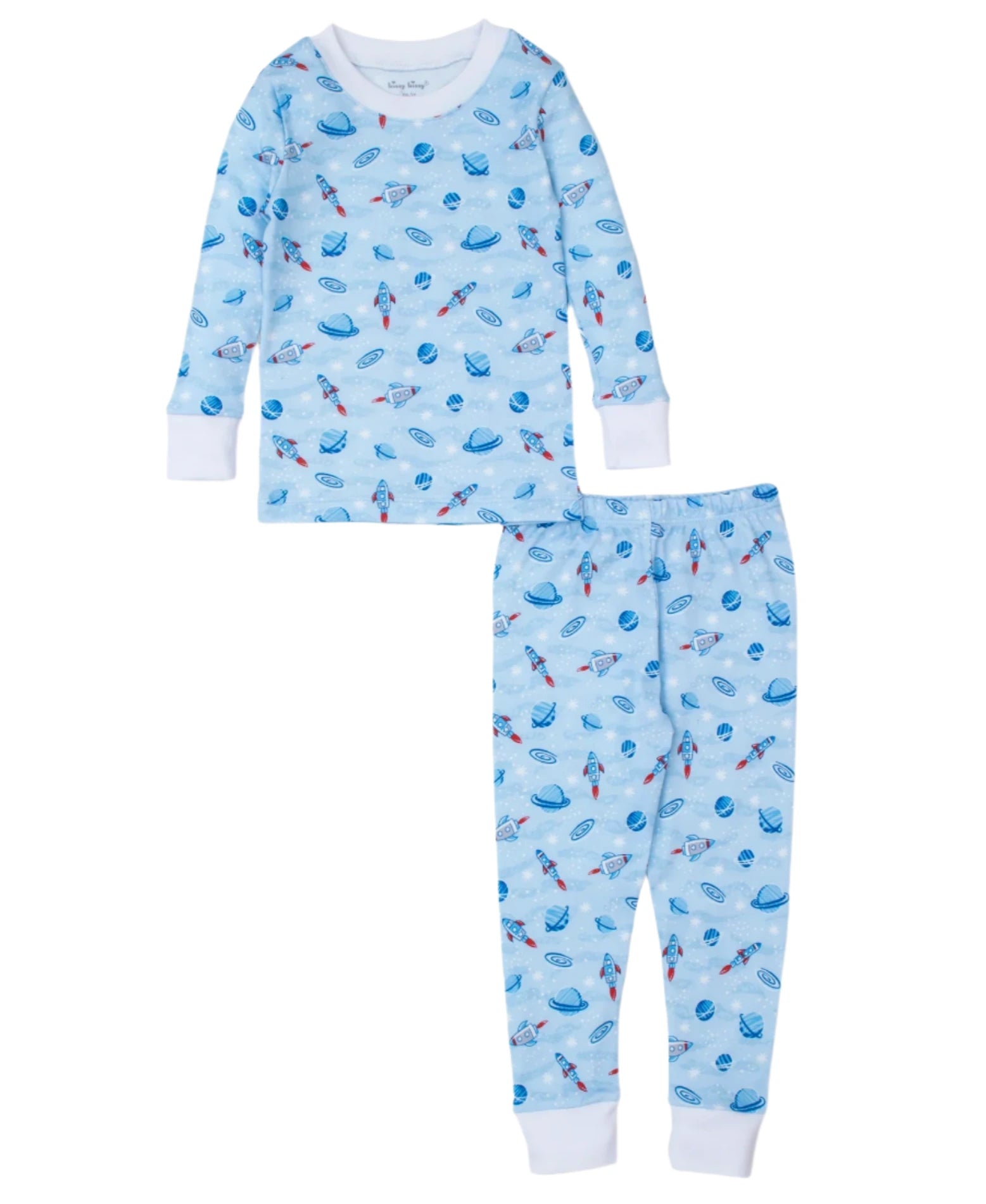 Explore the Kissy Kissy Galaxy Printed PJ Set—a charming light blue pajama ensemble featuring rockets, planets, and stars. Made from soft Pima cotton, it includes a cozy long-sleeve top and matching pants for little celestial dreamers.