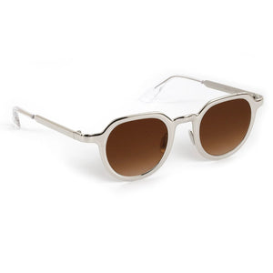 The Krewe Galvan Sunglasses feature a round design with an innovative stainless steel frame and brown tinted lenses, shown against a white background.