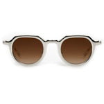 Front view of Krewe's Galvan Sunglasses, showcasing an innovative white frame and brown gradient lenses against a plain white background.
