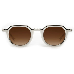 Front view of Krewe's Galvan Sunglasses, showcasing an innovative white frame and brown gradient lenses against a plain white background.
