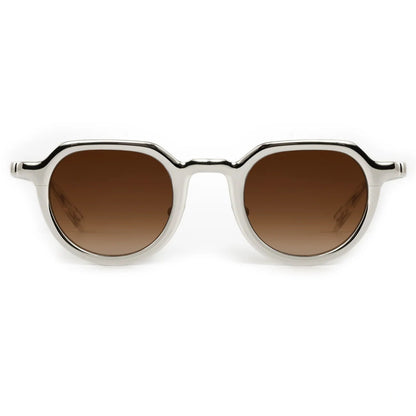 Front view of Krewe's Galvan Sunglasses, showcasing an innovative white frame and brown gradient lenses against a plain white background.