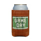 A can in a Smathers & Branson Game Day Can Cooler—a brown leather holder featuring a green patch with "GAME DAY" in white letters.