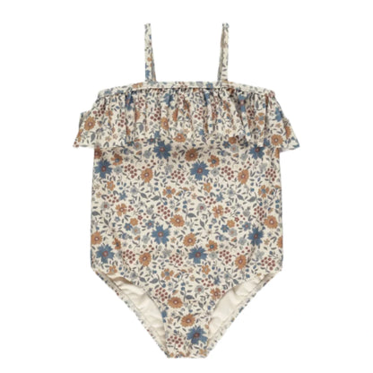 Rylee & Cru Baby Girls' and Girls' Ruffle One Piece swimsuit features spaghetti straps, a top ruffle, and a blue, orange, and beige floral pattern.