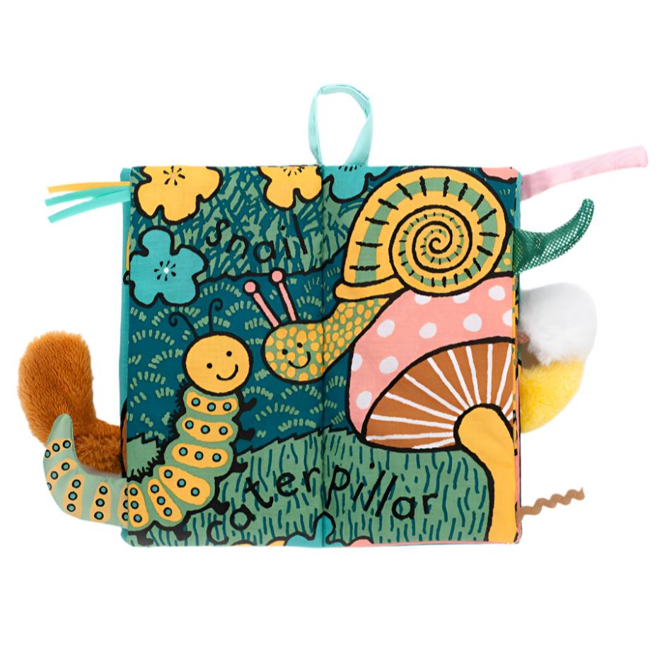 Introducing the "Jellycat Garden Tails Book," featuring delightful illustrations of caterpillars and snails. This adventure includes textured pages and tag accents for endless feely fun from the Jellycat brand!