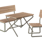 The Maileg Garden Set, Miniature by Maileg is a metal-framed wooden bench, chair, and table set designed for outdoor use. This vintage garden set is perfect patio furniture, made from FSC wood to ensure sustainability while enhancing your outdoor space with timeless charm.