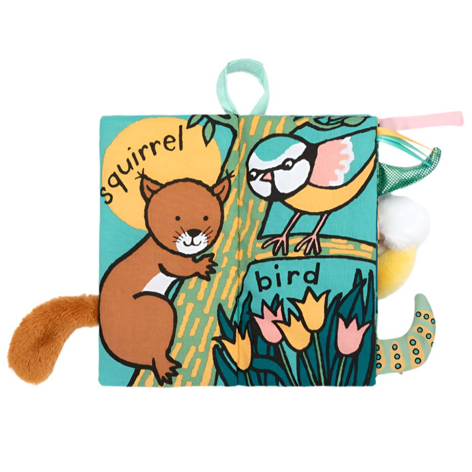 The Jellycat Garden Tails Book, by Jellycat, is a delightful feely fabric baby book featuring illustrations of a squirrel and a bird on a tree surrounded by flowers. It offers sensory enjoyment for little ones exploring the wonders of nature.