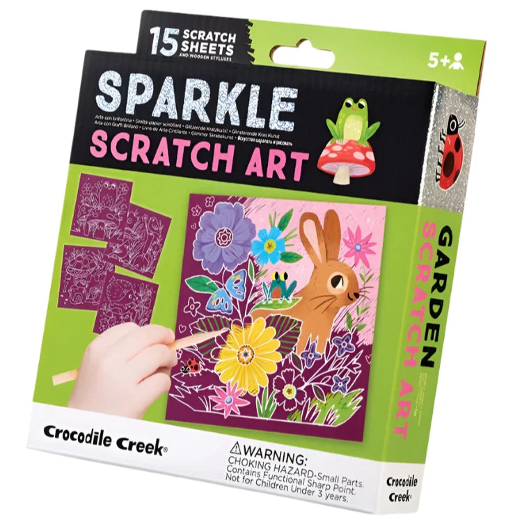 The Crocodile Creek Sparkle Scratch Art kit is an excellent choice for kids ages 3-8. This captivating set features 15 garden-themed scratch sheets and a stylus, offering endless creative play opportunities.