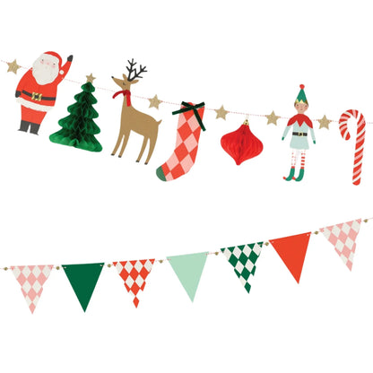 The Meri Meri Christmas Characters Garland features festive adornments like Santa, reindeer, trees, stockings, elves, candy canes, and colorful triangular flags. Infused with plant-based glitter from Meri Meri for an eco-friendly sparkle in your holiday decorations.