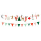 The Meri Meri Christmas Characters Garland, featuring Santa, candy canes, and reindeer decorations shimmering with plant-based glitter, hangs gracefully above vibrant triangular flags in red, green, and white.