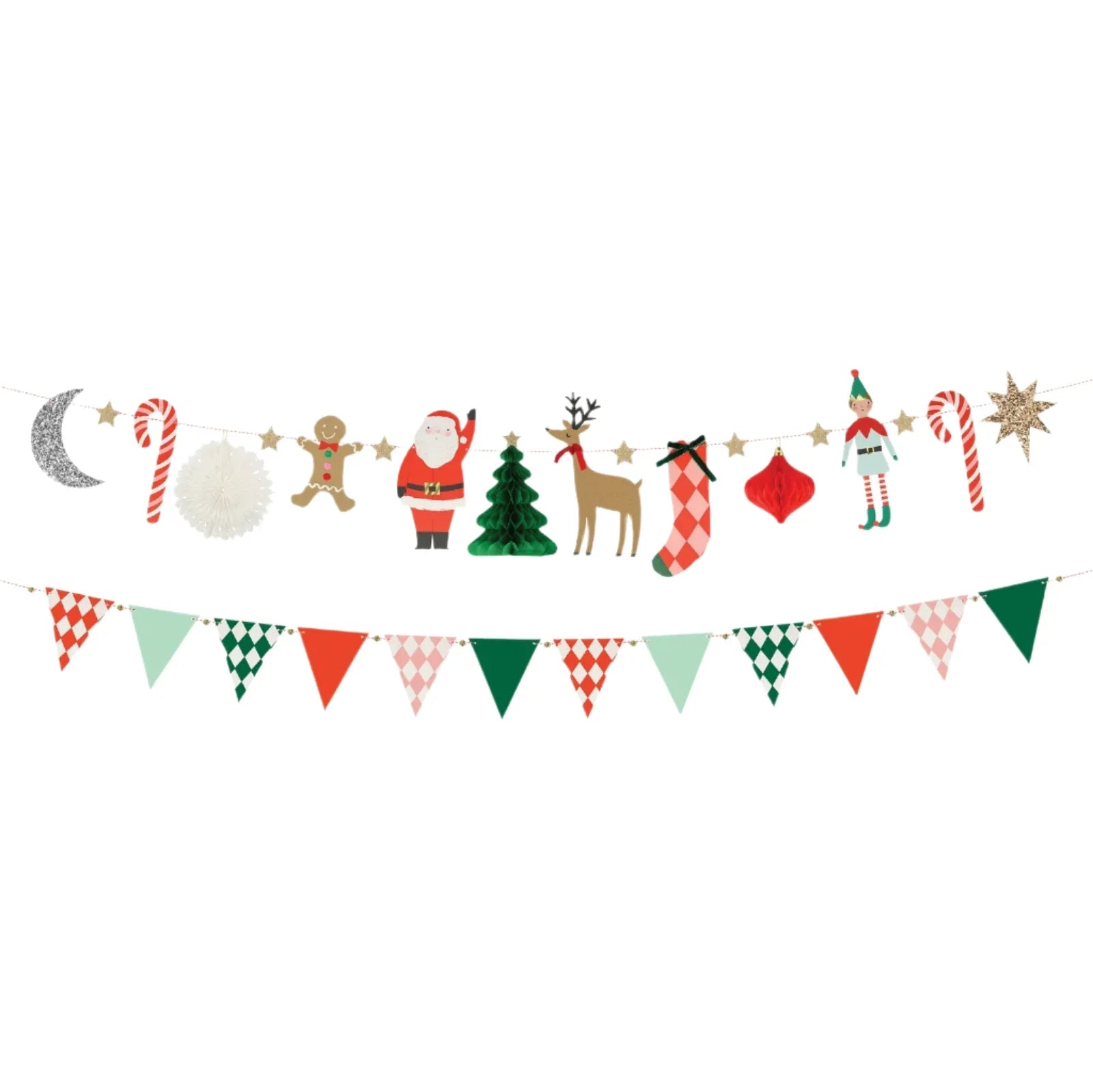 The Meri Meri Christmas Characters Garland, featuring Santa, candy canes, and reindeer decorations shimmering with plant-based glitter, hangs gracefully above vibrant triangular flags in red, green, and white.