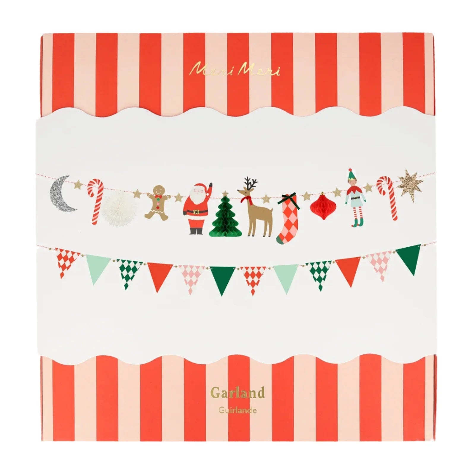 The Meri Meri Christmas Characters Garland by Meri Meri features Santa, a reindeer, and colorful flags on a red and white striped background, enhanced with eco-friendly plant-based glitter.