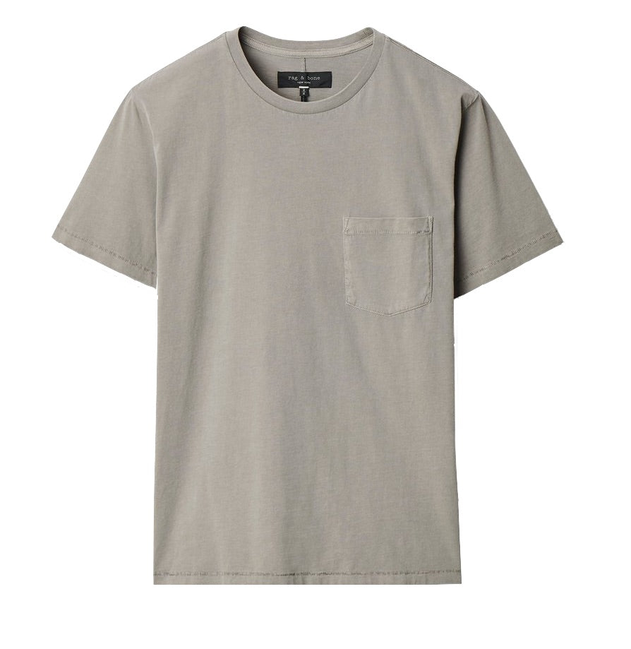 The Rag & Bone Garment Dye Classic Pocket Tee is a light gray, short-sleeve cotton t-shirt with a round neck and chest pocket, shown on a white background.