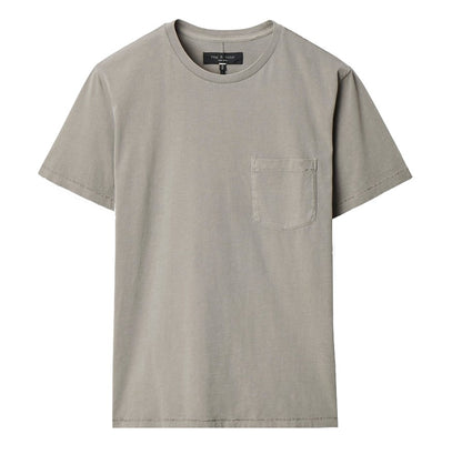 The Rag & Bone Garment Dye Classic Pocket Tee is a light gray, short-sleeve cotton t-shirt with a round neck and chest pocket, shown on a white background.