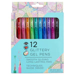 Bright Stripes' 12 Glitter Gel Pens offer assorted colors with smooth, long-lasting inks. The packaging features colorful patterns and includes a techniques guide. Each pen has a comfort grip for effortless writing, making creative fun easy and enjoyable.