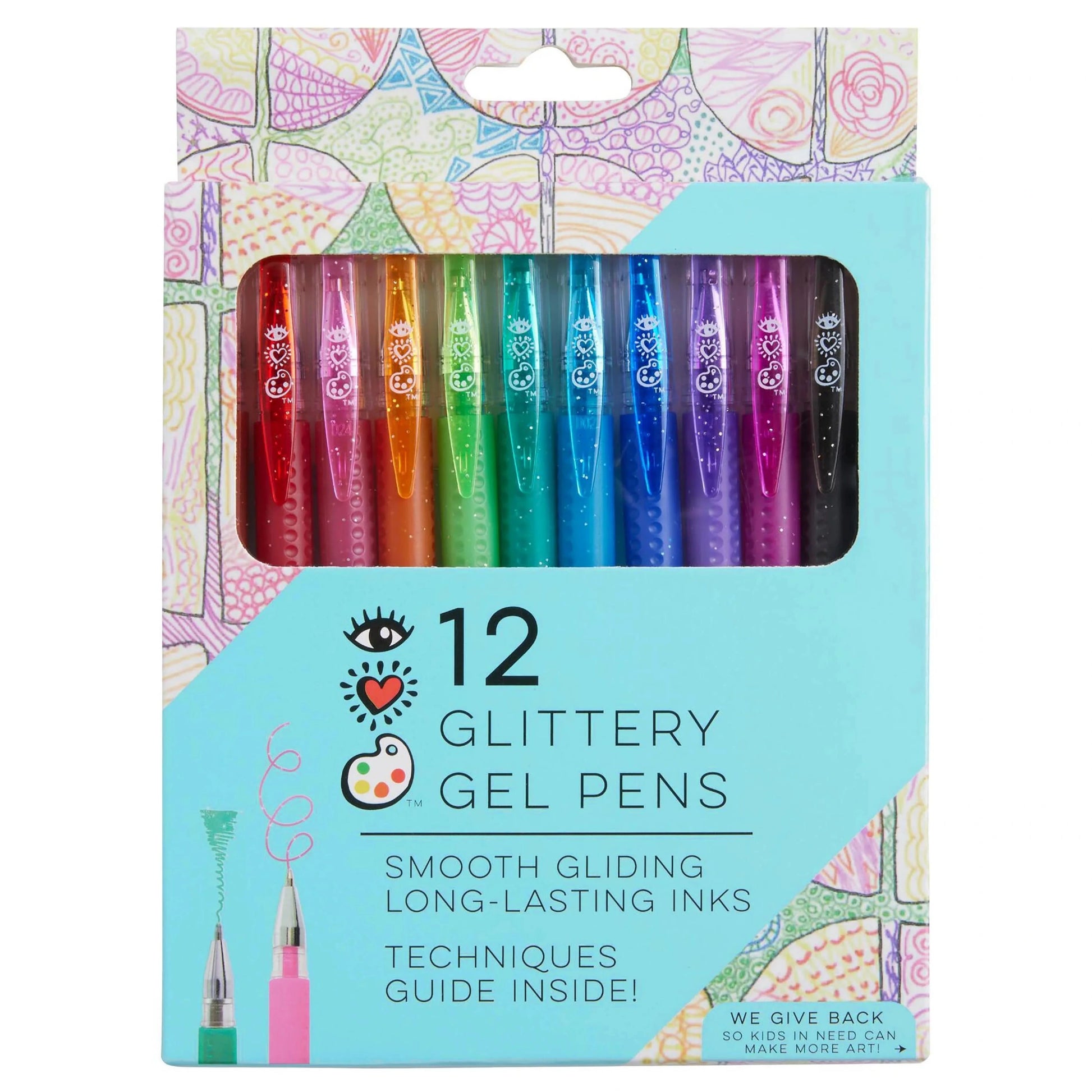 Bright Stripes' 12 Glitter Gel Pens offer assorted colors with smooth, long-lasting inks. The packaging features colorful patterns and includes a techniques guide. Each pen has a comfort grip for effortless writing, making creative fun easy and enjoyable.