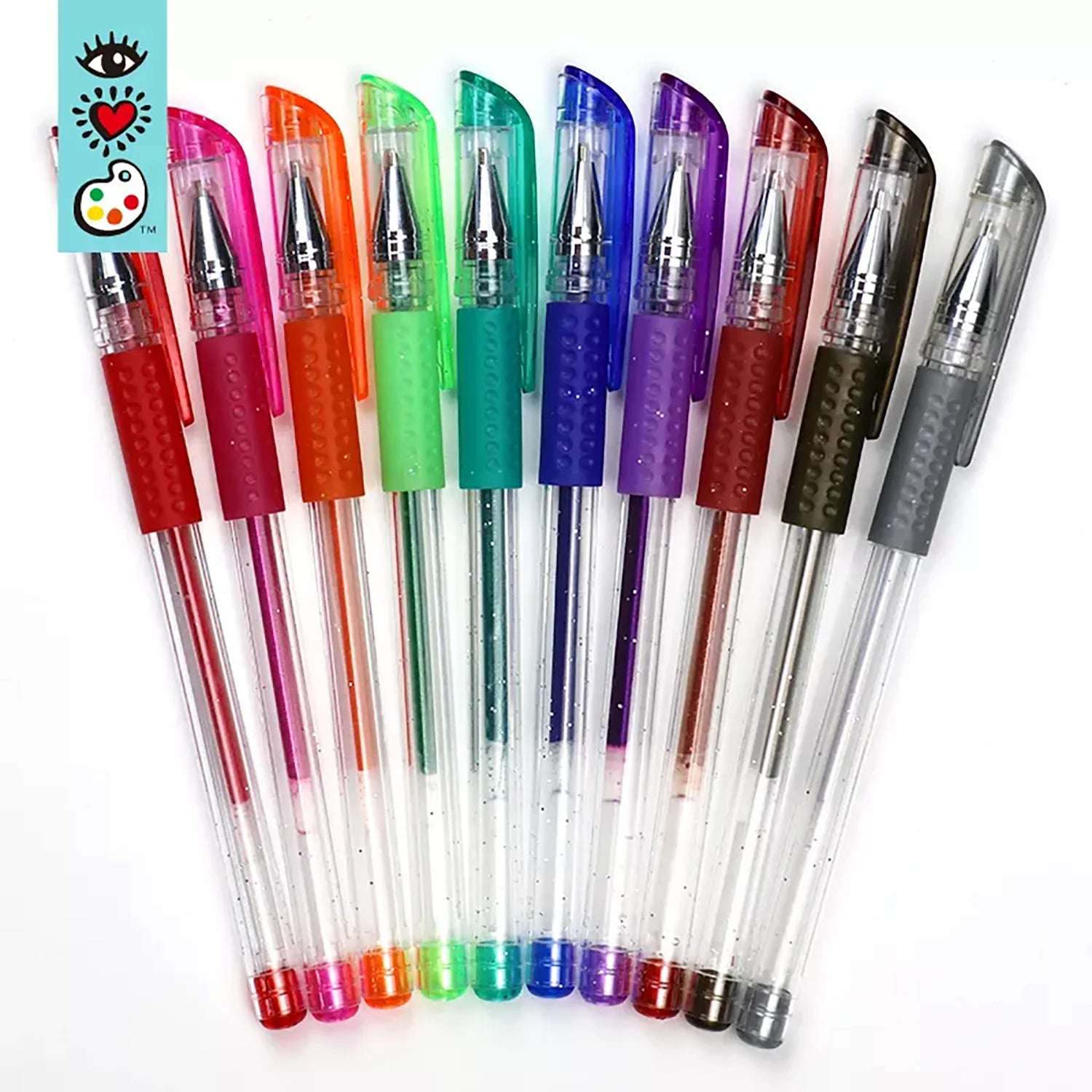 Twelve Bright Stripes Glitter Gel Pens with vivid, long-lasting ink and comfort grips are arranged in a row. Each has a transparent barrel and colored cap, beautifully displayed on a white background.