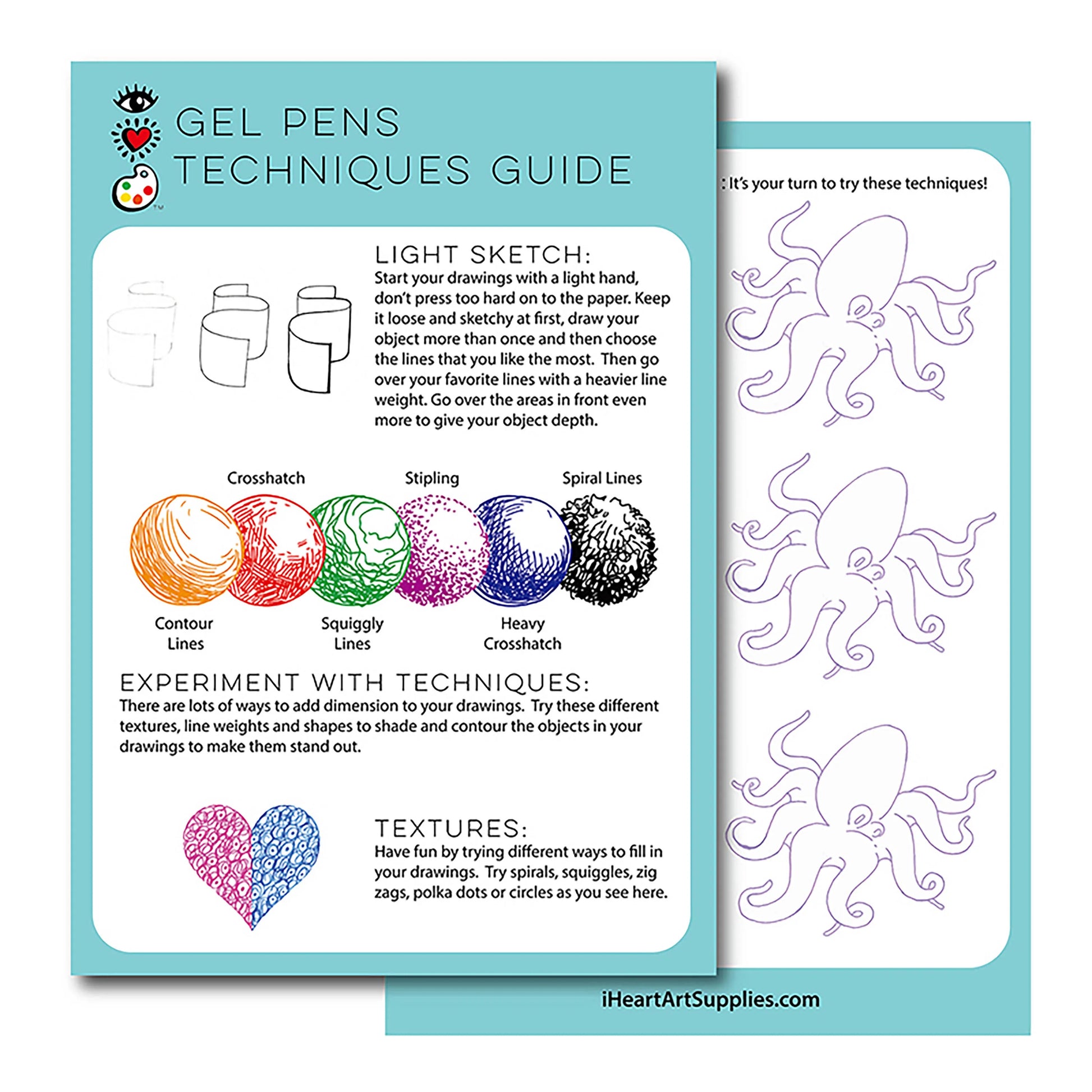 Explore gel pen techniques with the Bright Stripes 12 Glitter Gel Pens guide, showcasing long-lasting ink and a comfort grip for smooth drawing. Learn crosshatch, squiggly, and spiral methods with an octopus template included. Ideal for beginners and seasoned artists alike.