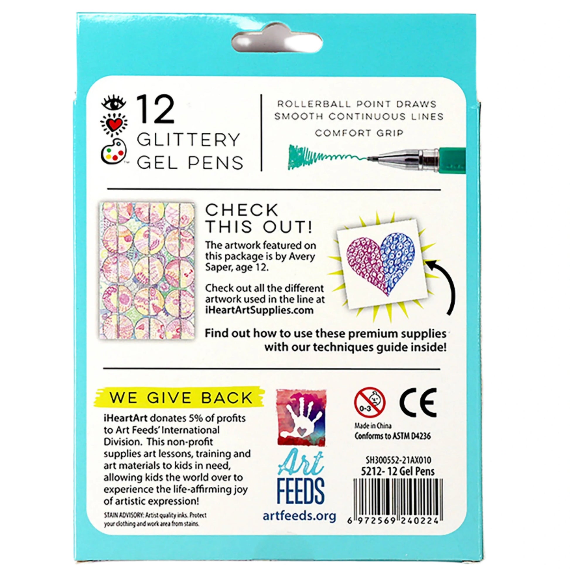 The back of the Bright Stripes 12 Glitter Gel Pens box features vibrant artwork and detailed info highlighting their long-lasting ink and comfort grip, with a charity donation note prominently displayed next to the Bright Stripes branding at the bottom.