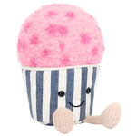 The Jellycat Amuseables Gelato by Jellycat is a plush toy featuring a fluffy strawberry pink gelato top that looks like a cupcake, complemented by a striped blue and white base. It has black button eyes, a smiling mouth, and beige legs.