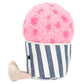 Introducing the Jellycat Amuseables Gelato by Jellycat, a plush toy that resembles a pink-frosted cupcake with a white and blue striped wrapper and beige legs, reminiscent of strawberry pink gelato.