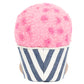 The Jellycat Amuseables Gelato by Jellycat is a plush toy shaped like a cupcake, featuring a fuzzy, strawberry pink gelato top and a blue and white striped base.