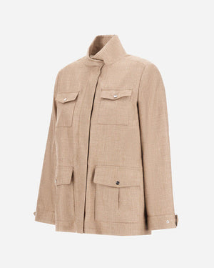 The Herno Loro Piana Wool Silk Linen Safari Jacket in beige features long sleeves, a stand collar, four front flap pockets, and buttoned cuffs, shown against a plain white background.
