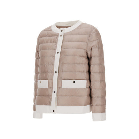 The Herno Shiny Nylon Short Collarless Jacket in light brown features white trim, a button-up front, and two front pockets, shown on a white background.