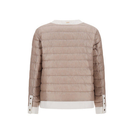 The Herno Shiny Nylon Short Collarless Jacket is light brown with white cuffs and hem, shown from the back. It features horizontal quilting and button details on the cuffs.