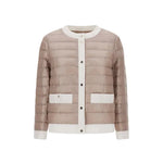 Shiny nylon short collarless jacket by Herno with light brown quilted design, white trim, button front, long sleeves, and two front pockets.