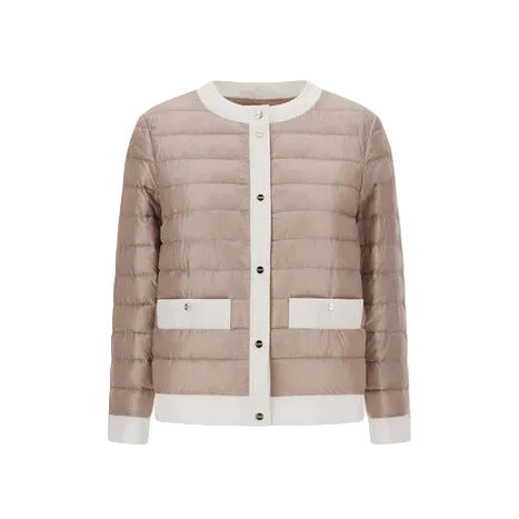 Shiny nylon short collarless jacket by Herno with light brown quilted design, white trim, button front, long sleeves, and two front pockets.