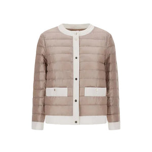 Shiny nylon short collarless jacket by Herno with light brown quilted design, white trim, button front, long sleeves, and two front pockets.