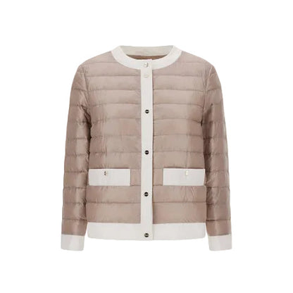 Shiny nylon short collarless jacket by Herno with light brown quilted design, white trim, button front, long sleeves, and two front pockets.