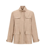 The Herno Loro Piana Wool Silk Linen Safari Jacket features a beige hue, long sleeves, high collar, and four front flap pockets, shown against a plain white background.