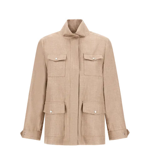 The Herno Loro Piana Wool Silk Linen Safari Jacket features a beige hue, long sleeves, high collar, and four front flap pockets, shown against a plain white background.