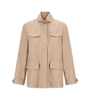 The Herno Loro Piana Wool Silk Linen Safari Jacket features a beige hue, long sleeves, high collar, and four front flap pockets, shown against a plain white background.