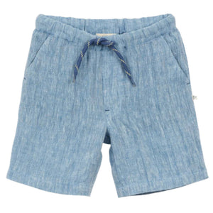 The Arsene & Les Pipelettes Boys' Fiorenzo Short features a light blue color, drawstring waist, and side pockets. Made from soft, slightly textured fabric, these bermuda shorts are showcased against a white background.
