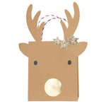 The Meri Meri Medium Reindeer With Stars Gift Bags feature a brown reindeer design complete with antlers, black eyes, a gold nose, and sparkling gold glitter stars. Ideal for enhancing your Christmas gift bags collection with festive charm.