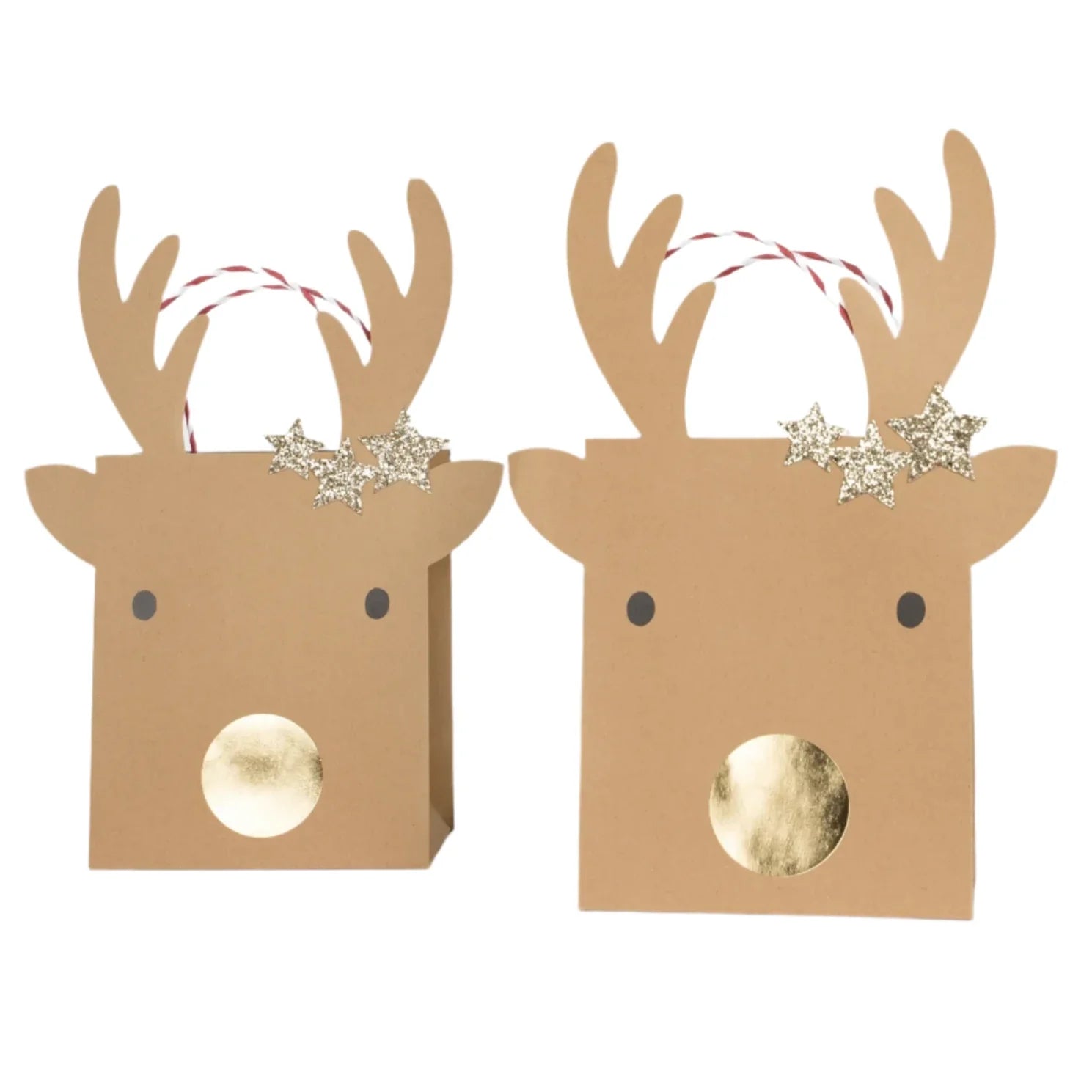 Add a touch of whimsy to your Christmas gifting with the Meri Meri Medium Reindeer With Stars Gift Bags. These charming bags are designed with delightful reindeer faces, complete with antlers, black eyes, and gold noses. Each bag is embellished with glittering gold stars and features a festive red and white handle, perfect for making your gifts stand out this holiday season. Created by Meri Meri.